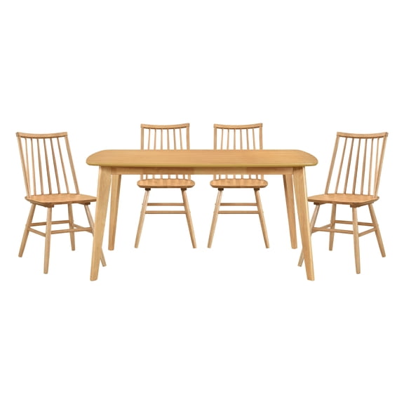 Natural Oak Finish Casual Dining 5pc Set Table and 4 Side Chairs Curved Backrest Windsor Wooden Dining Kitchen Furniture