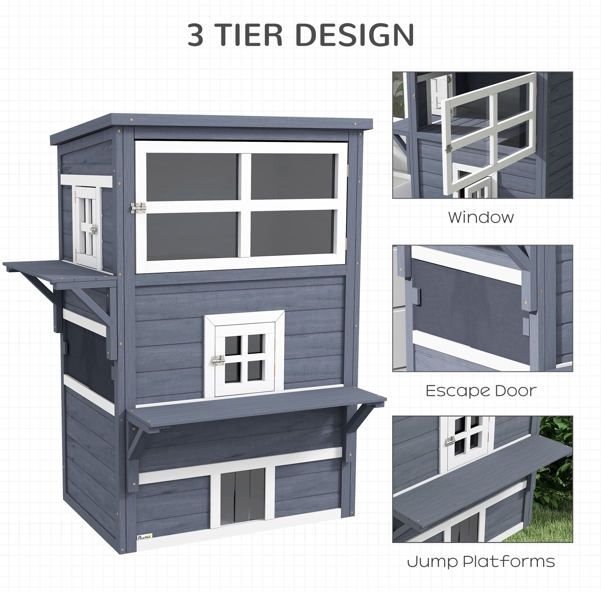 3-Story Cat House Feral Cat Shelter, Outdoor Kitten Condo with Raised Floor, Asphalt Roof, Escape Doors, Jumping Platforms, Dark Gray