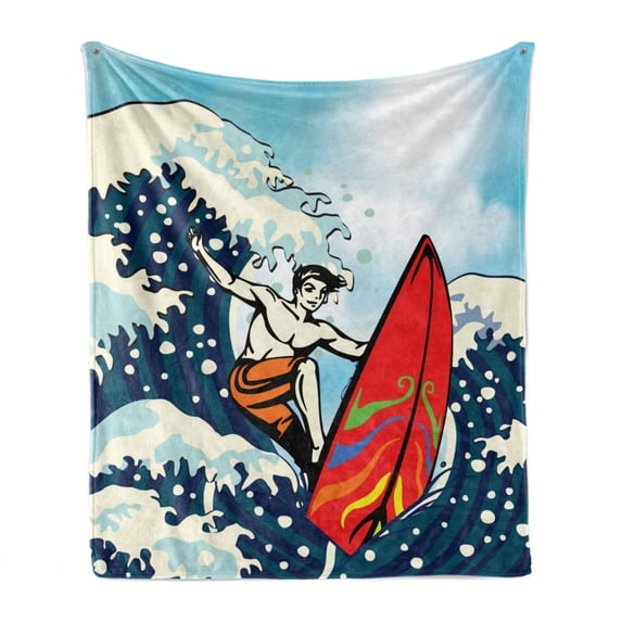 Surf Soft Flannel Fleece Throw Blanket, Summer Themed Abstract Cartoon with Surfer Boy on Vintage Design Ocean Waves Print, Cozy Plush for Indoor and Outdoor Use, 60" x 80", Multicolor, by Ambesonne