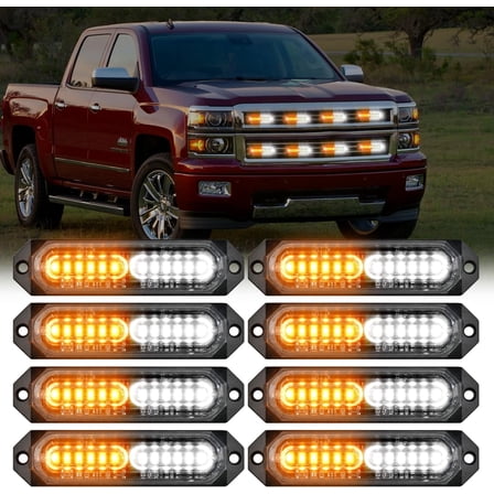 Nilight 8PCS Led Strobe Lights 12LED Amber White Light 12V 24V Surface Mount Flashing Warning Hazard Beacon Lights Ultra Slim Sync Feature Mini Grille for Cars Trucks Off Road Vehicles SUV