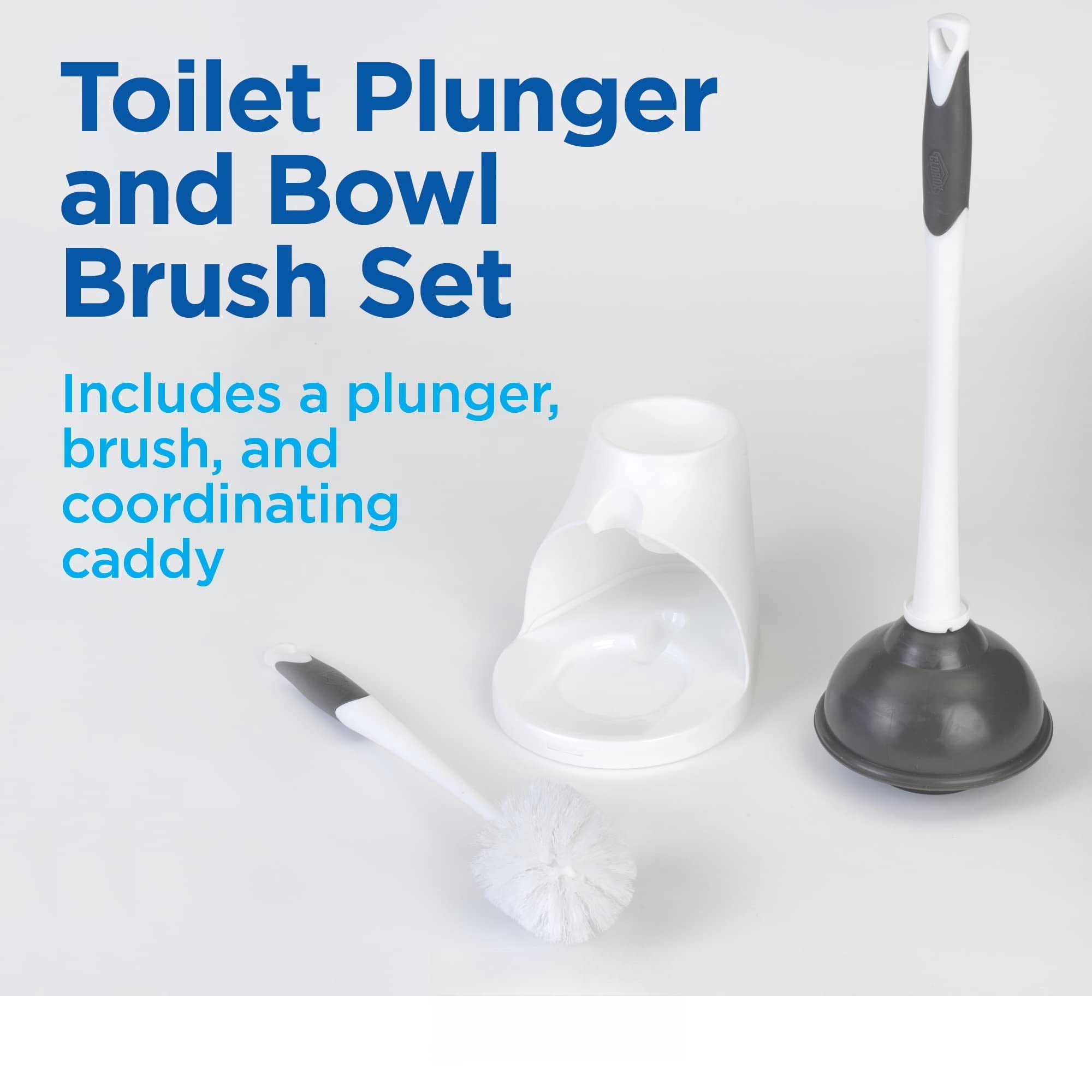 Toilet Plunger and Bowl Brush Combo with Caddy, 6.75 x 7 x 19.5 in, White/Gray