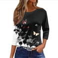 thumbnail image 2 of Women Blouses Dressy Casual 3/4 Sleeve Round Neck Plus Size Floral Print Loose Fit Tunic Tops for Summer Navy S, 2 of 5