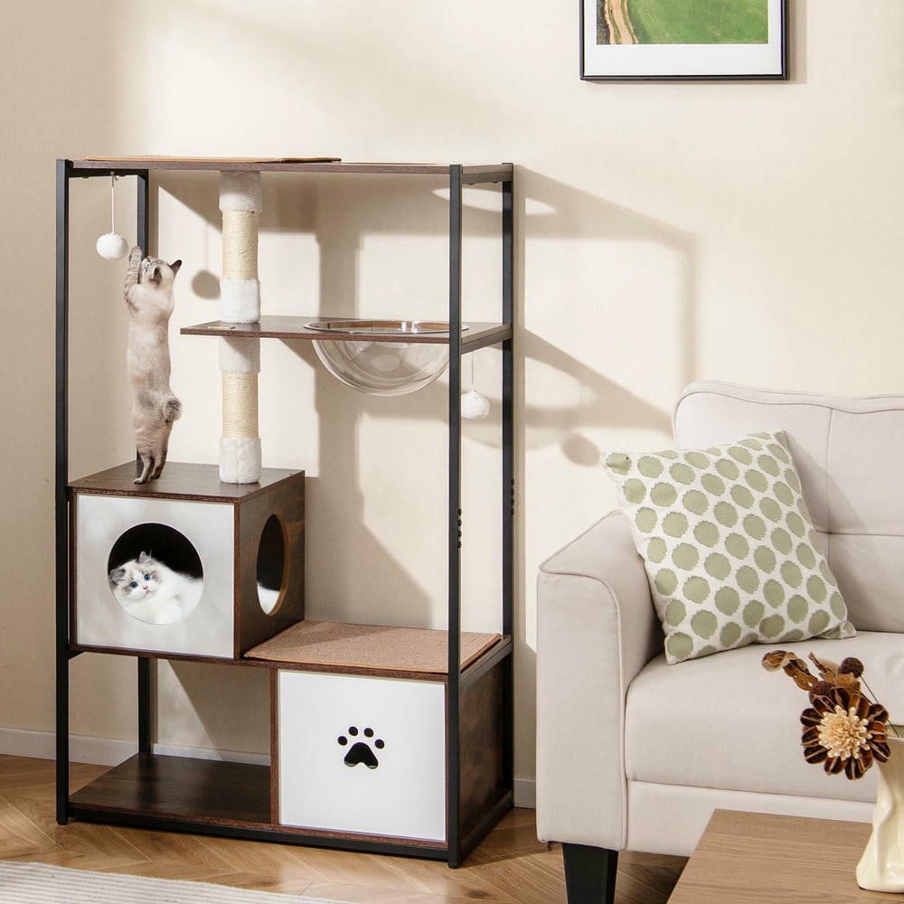 Resenkose 52-Inch Tall Wooden Cat Tree with Sturdy Metal Frame 2 Cozy Condos and Plush Cushions, Coffee​