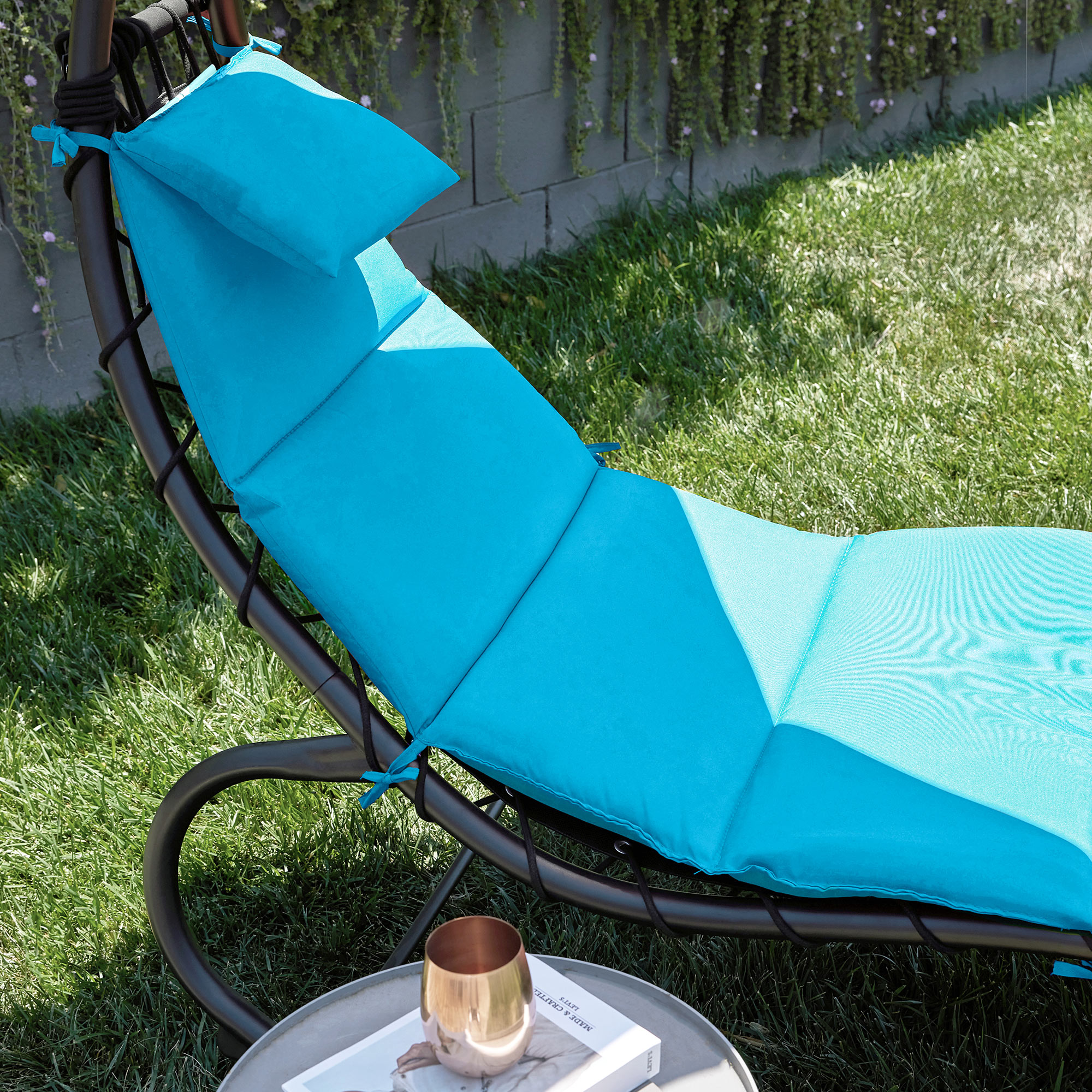 BELLEZE Outdoor Hanging Chaise Lounge Chair Swing Curved Cushion Seat Hammock With Canopy Sun Shade, Blue - image 2 of 4