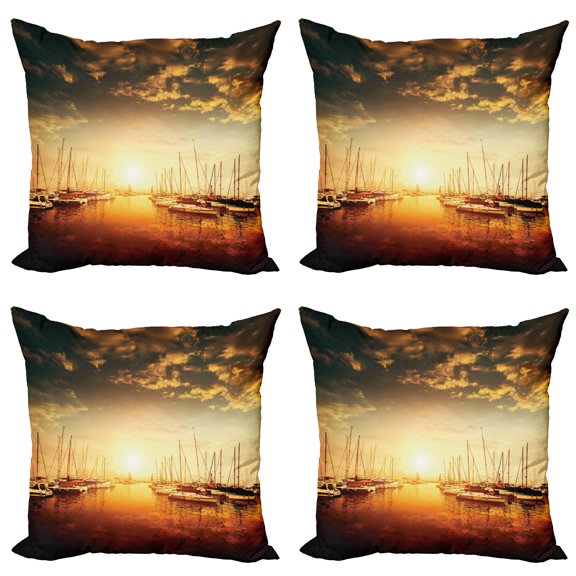 Ambesonne Marine Throw Pillow Cover 4 Pack, Boats on the Pier, 24", Orange Black Pale Yellow