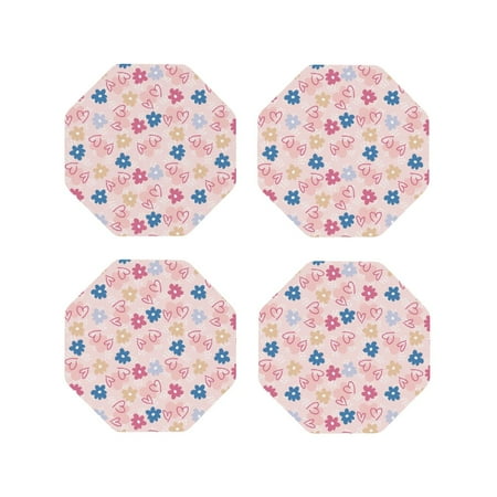 

Coasters Set of 4 - Summer hearts daisy pattern Drink Coasters for Tabletop Protection Leather Coasters for Living Room Decor and Housewarming Gift Octagon