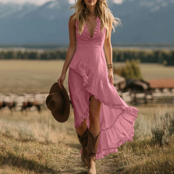 Guieoi Summer Dresses for Women under $10 Plus Size Flowy Sleeveless V-Neck Asymmetrical Hem Lace Dress Pink XL