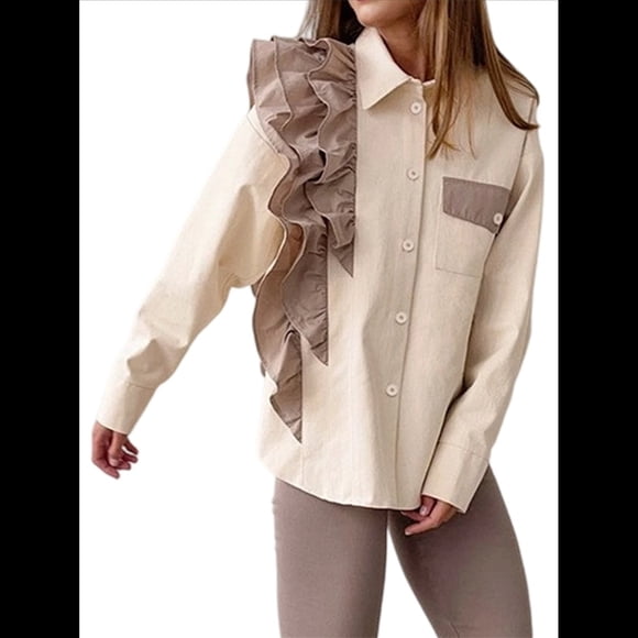 Camisa Elegante de Larga con Volantes, Dobladillo Asimétrico, Botones y Bloques de Color para Mujer Albaricoque M