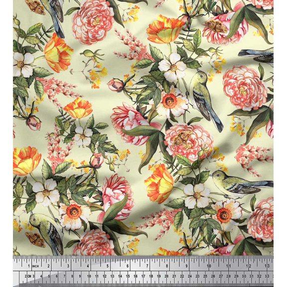 Soimoi Yellow Japan Crepe Satin Fabric Leaves,Bird & Peach Floral Fabric Prints by Yard 42 Inch Wide