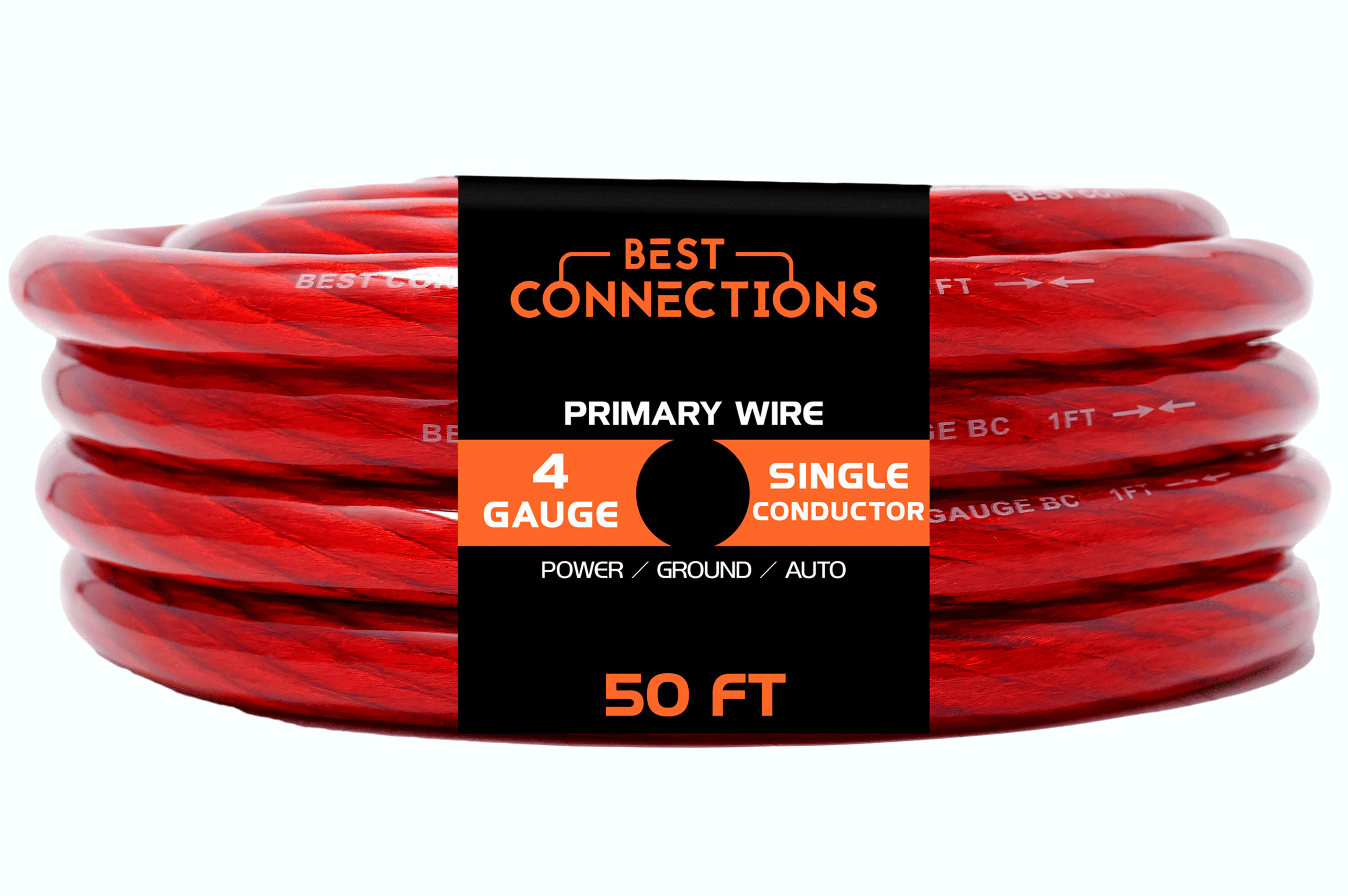 BEST CONNECTIONS 4 Gauge 50ft each, Black/Red Translucent Power/Ground Wire 100ft Pro