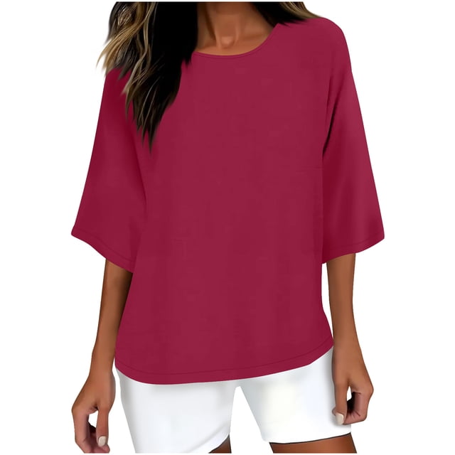 Liquidation d'Été Staron Hauts d'Été pour Femmes Col Rond Coton Lin T-Shirts Grande Taille Travail Décontracté Blouses Amples Manches 3/4