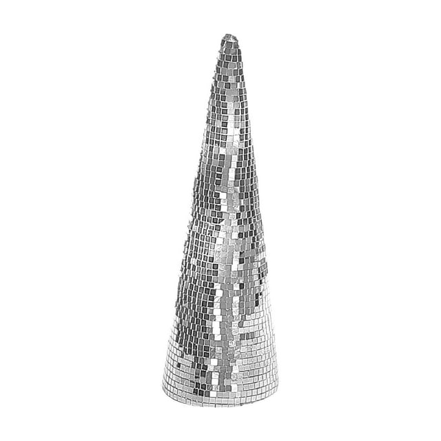 Arbre Cône Disco (Argent) - Ensemble de 2 avec une Forme de Cône Élégante Recouverte de Carreaux Mosaïque Miroir Réfléchissants, Fabriqué à Partir de Paille Légère et de Polymousse, Mesurant 3,54 par 3,54 par 11,81 Pouces, Parfait pour la Déco des Fêtes sur les Chemins de Foyer Ou les Dessus de Table, Souvent Utilisé pour Ajouter une Touche festive et un Éclat Scintillant aux Présentations Saisonnières.