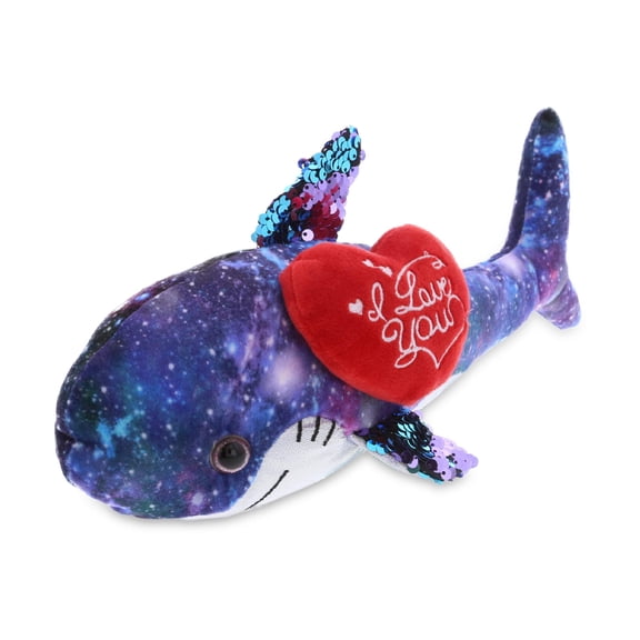 DolliBu I LOVE YOU Space Sequin Plush Purple Shark - Cute Stuffed Animal with Red Heart & With Name Personalization For Valentine, Anniversary, Romantic Date, Boyfriend & Girlfriend Gift - 12"