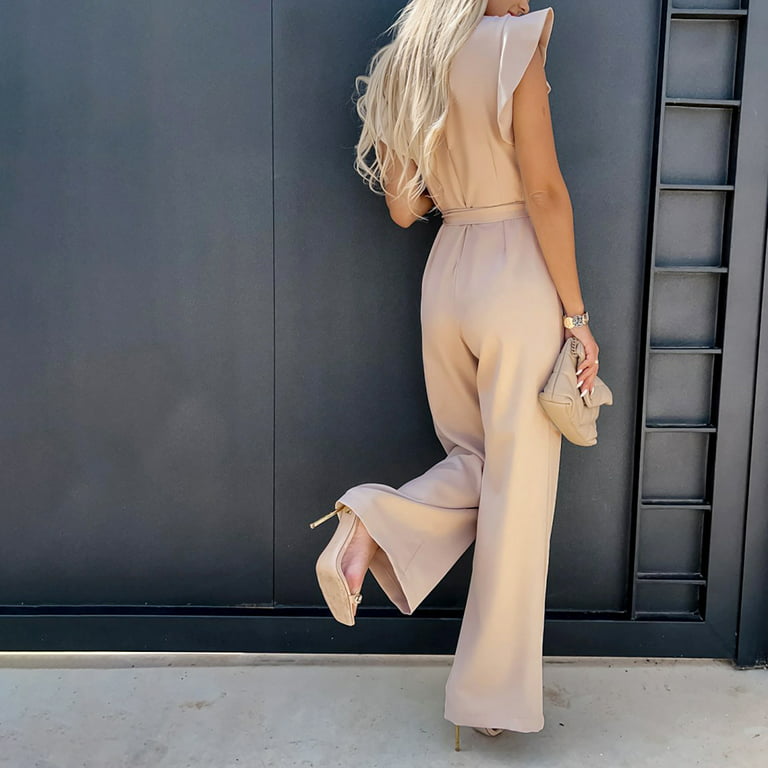 Dressy Casual Jumpsuits for Women Elegant Ruffle Sleeveless Wide Leg  Workwear Pants Belted Rompers with Pockets 