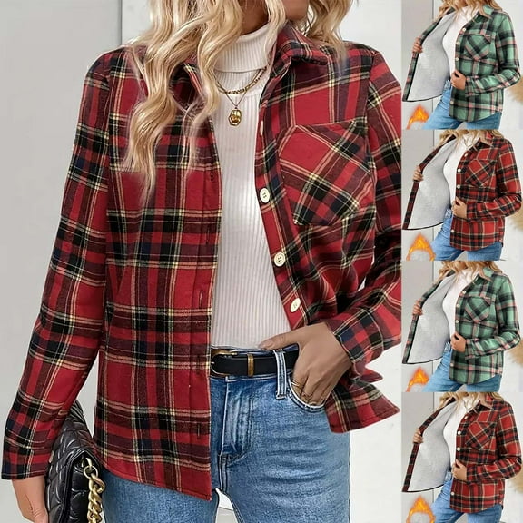 Xdegoge Fleece Lined Jackets for Women Plaid Flannel Shackets Button Down Collared Shirt Jacket Trendy Dressy Casual Work Tops Fall Winter Fashion Clothes Streetwear