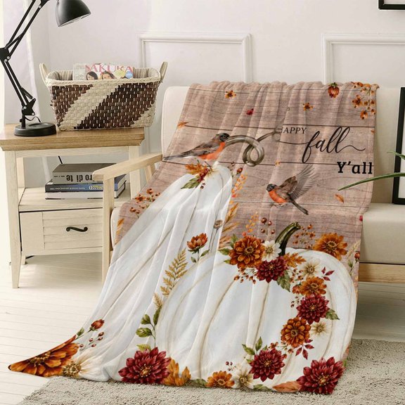 Throw Blanket Fleece Throw Blanket 50x60in, Thanksgiving Pumpkin Retro Wood Board Soft Lightweight Bed Blankets Farmhouse Flower Bird Fuzzy Couch Blankets for All Season
