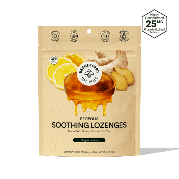 Beekeeper's Naturals Soothing Honey Ginger Lemon Cough Drops - Immune Support with Vitamin D, Zinc and Propolis Throat Soothing Lozenges, 14 Ct