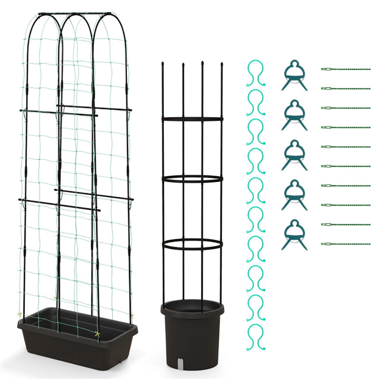 Spaco 2 Pack Planter Box with Trellis Cucumber Trellis Tomato Cage, Horticulture Outdoor Garden Bed for Patio, Lawn, Yard, Balcony, Black