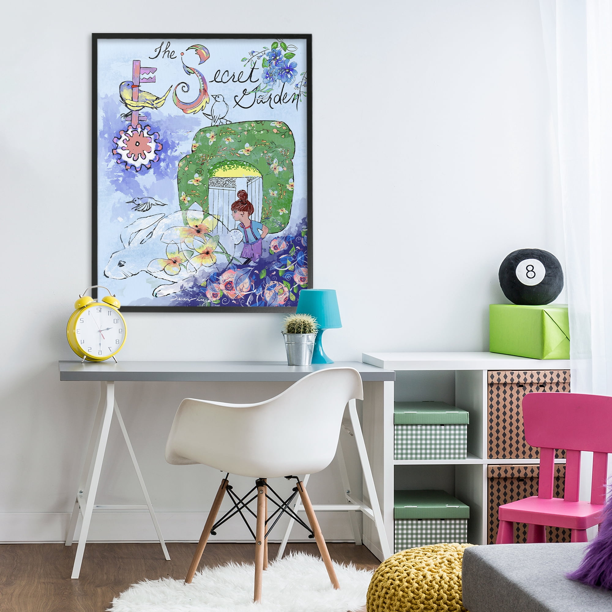 Stupell Industries Secret Garden Folk Illustration Black Framed Giclee Art, design by Susan Lugar