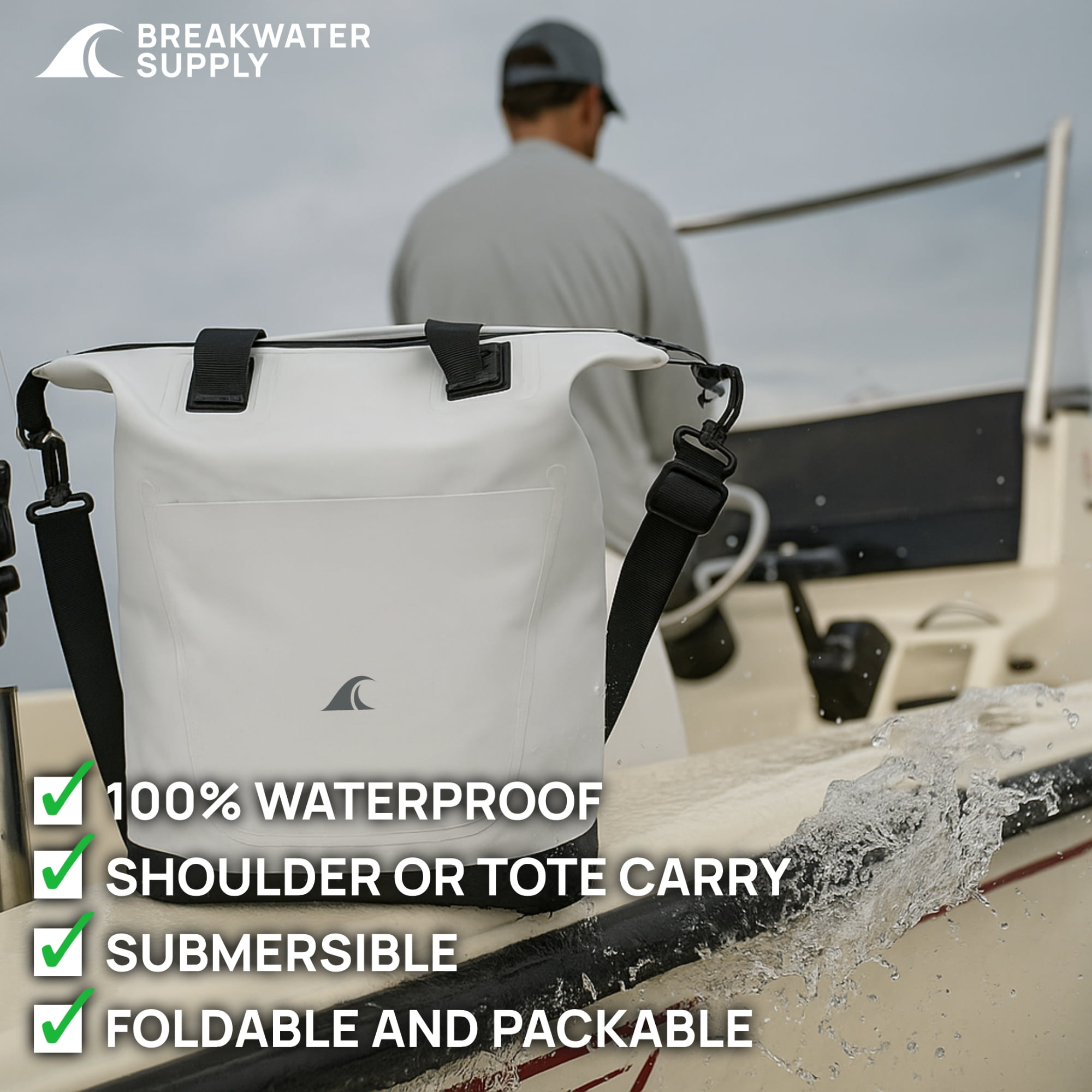 Breakwater Supply Riverton Waterproof IP68 Utility Tote Bag with Zipper Closure, Shoulder Strap, Water Bottle Pockets (Fog White)
