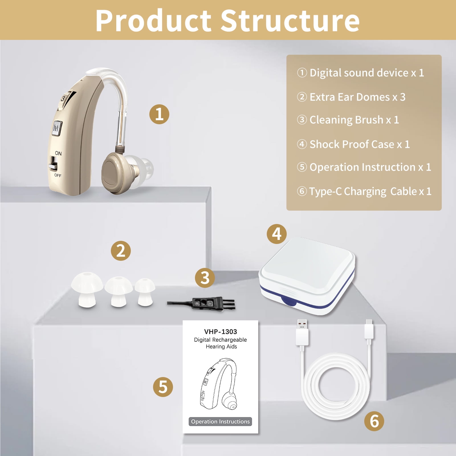 ELCTRTICI Hearing Aids for Seniors, Rechargeable Hearing Aid With Noise Cancelling and Volume Control,2 Frequency Modes,VHP-1303 Single,Gold