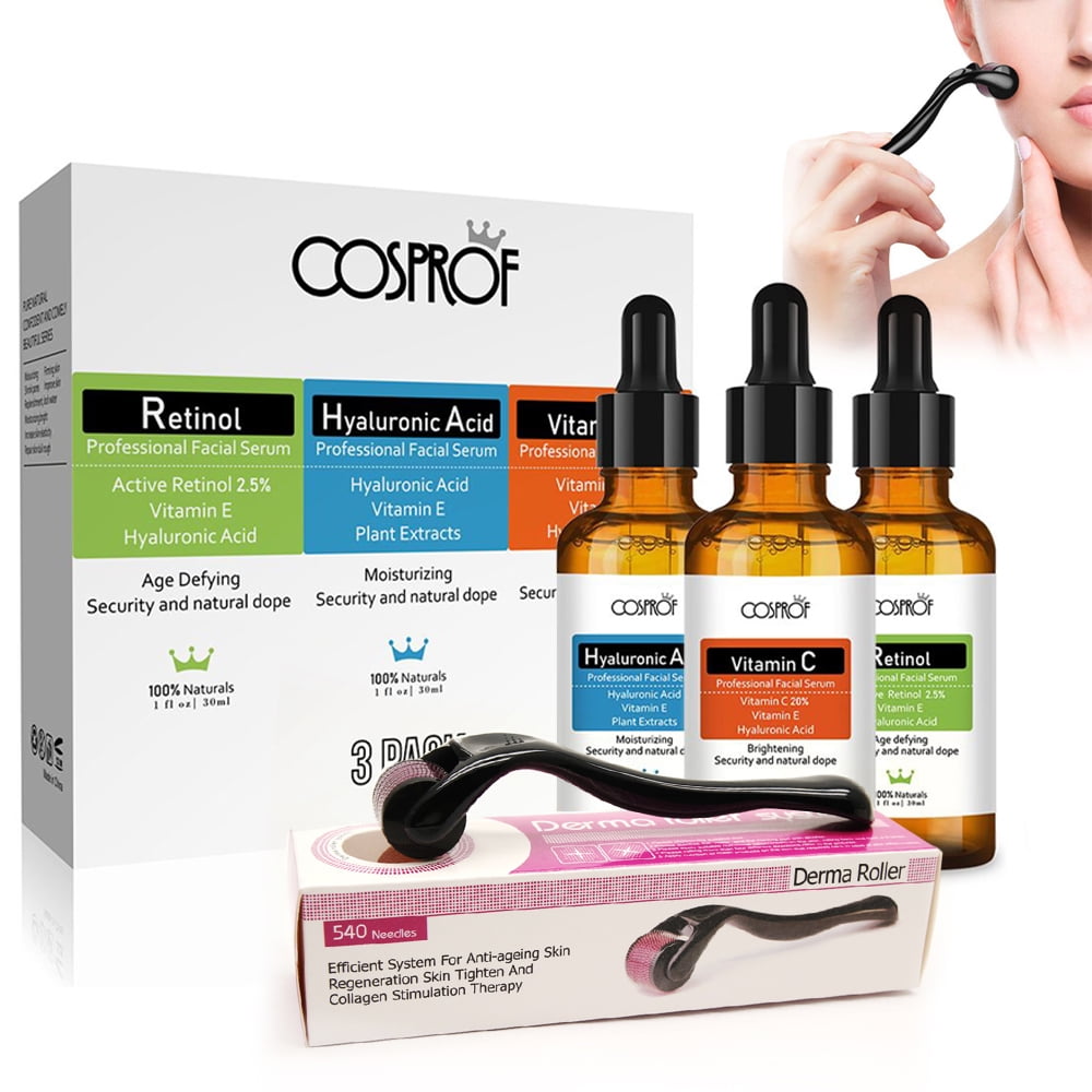 Cosprof Anti Aging Serum Retinol Serum Hyaluronic Acid Serum Kit with Derma Roller Set of 4, Gift for Ladies Women