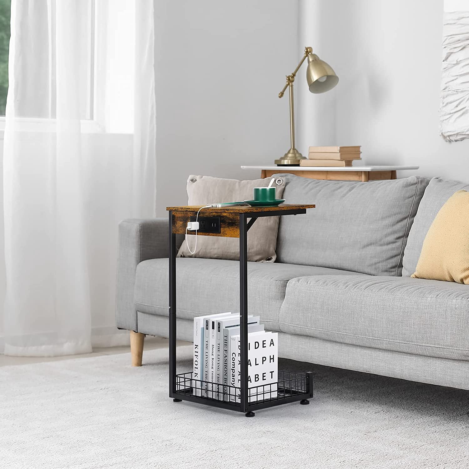 C-Shaped End Table with Charging Station and USB Ports, with Storage Basket and Rustic Brown Wood Top