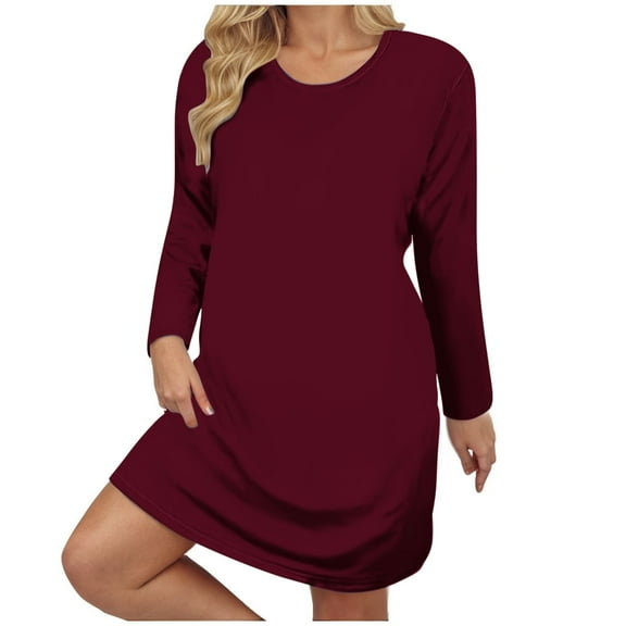 Dresses for Women Plus Size Round Neck Long Sleeve Casual Solid Color Fall and Winter Dress
