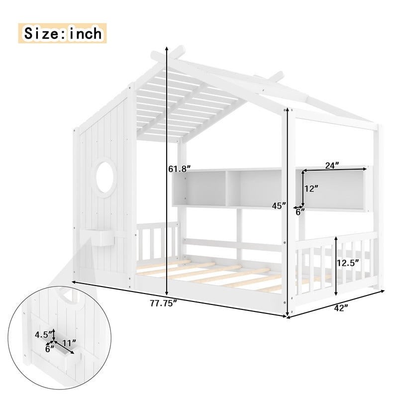Bellemave Floor House Bed with Storage Shelf, Wood Twin Size Montessori Bed with Fence, Playhouse Beds Frame Can be Decorated, No Box Spring Needed（White)