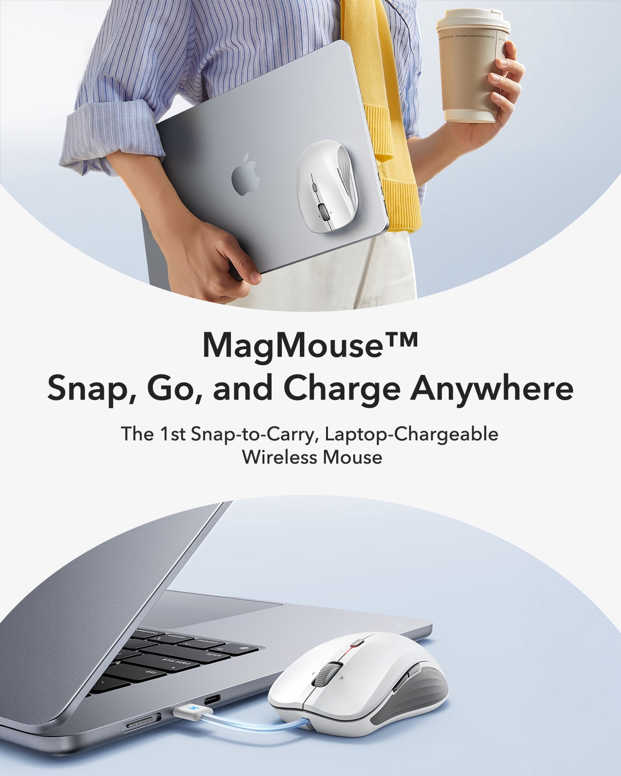 ESR MagMouse Bluetooth Wireless Mouse Compatible with Laptops, Rechargeable with Built-in Cable & Reusable Adhesive Holder, BT 5.0 + 2.4 GHz Silent Ergonomic, White