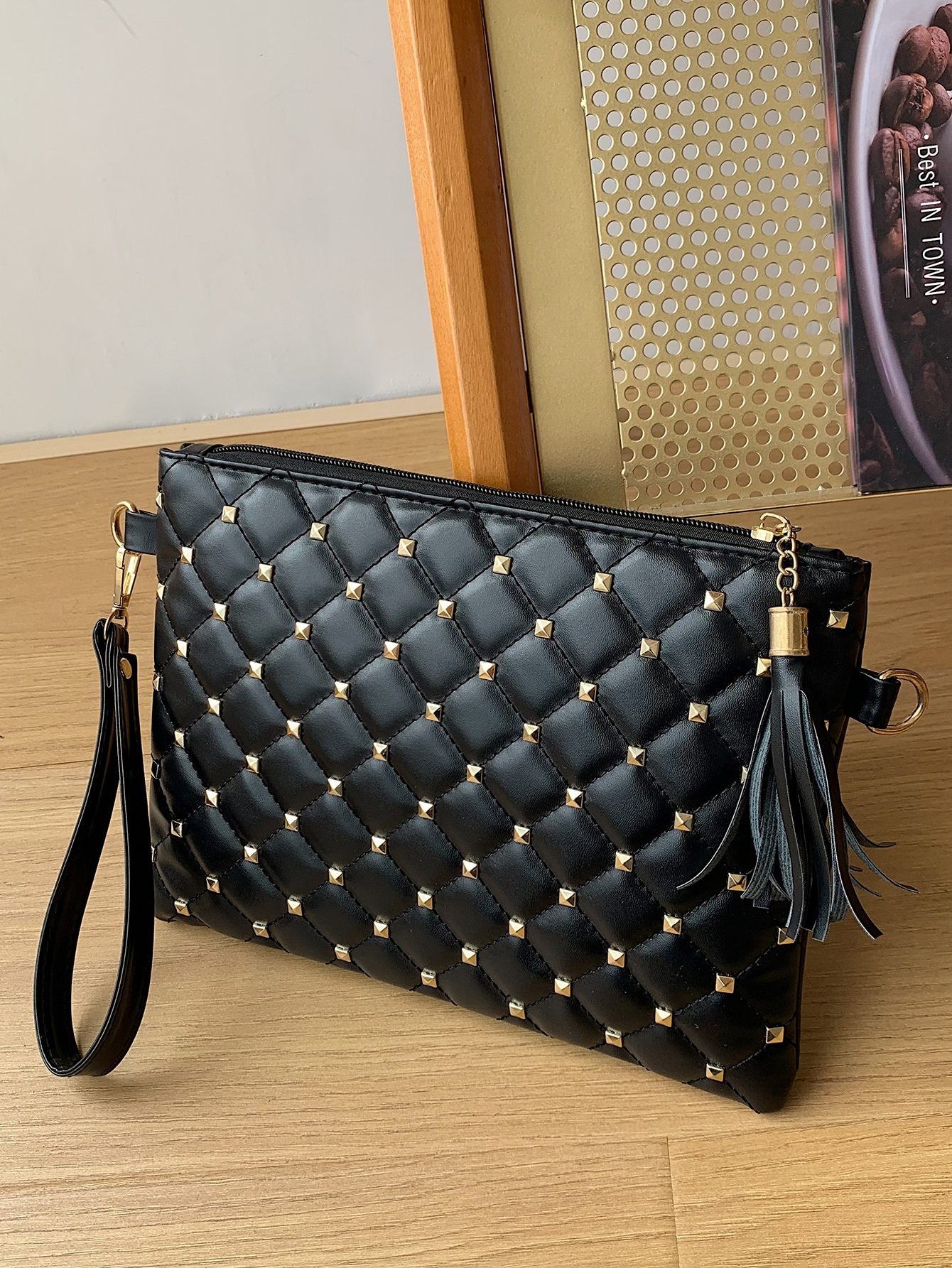 Studded Decor Quilted Clutch Bag - image 4 of 5