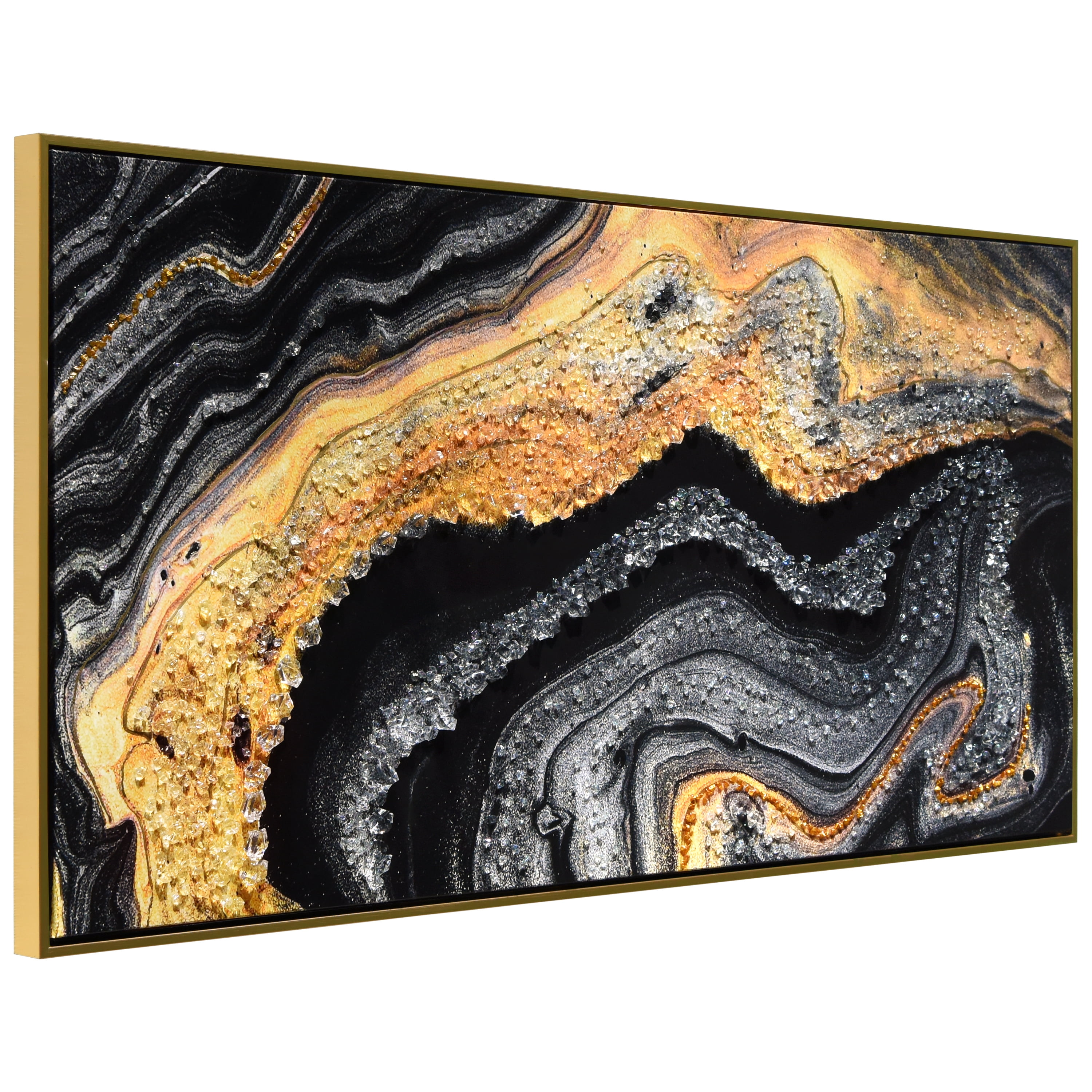 "Golden Veins IV" Crystallus Epoxy Coated Wrapped Framed Glossy AbstractCanvas Wall Art with Heavy Acrylic Crystal Shards Embellishments