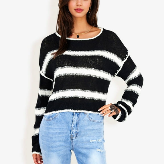 Women's Long Sleeve Striped Sweater With Crew Neck, Cropped Fit- Large, Black