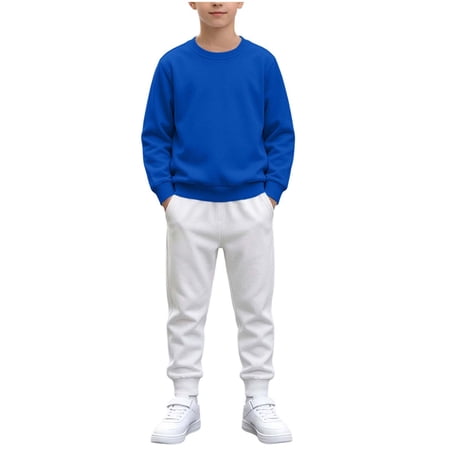 CYRBOKO Boys Cotton Sweatsuits Sets Lounge Long Sleeve Casual Elastic Waist Sweatshirts and Joggers Blue Size 9-10 T