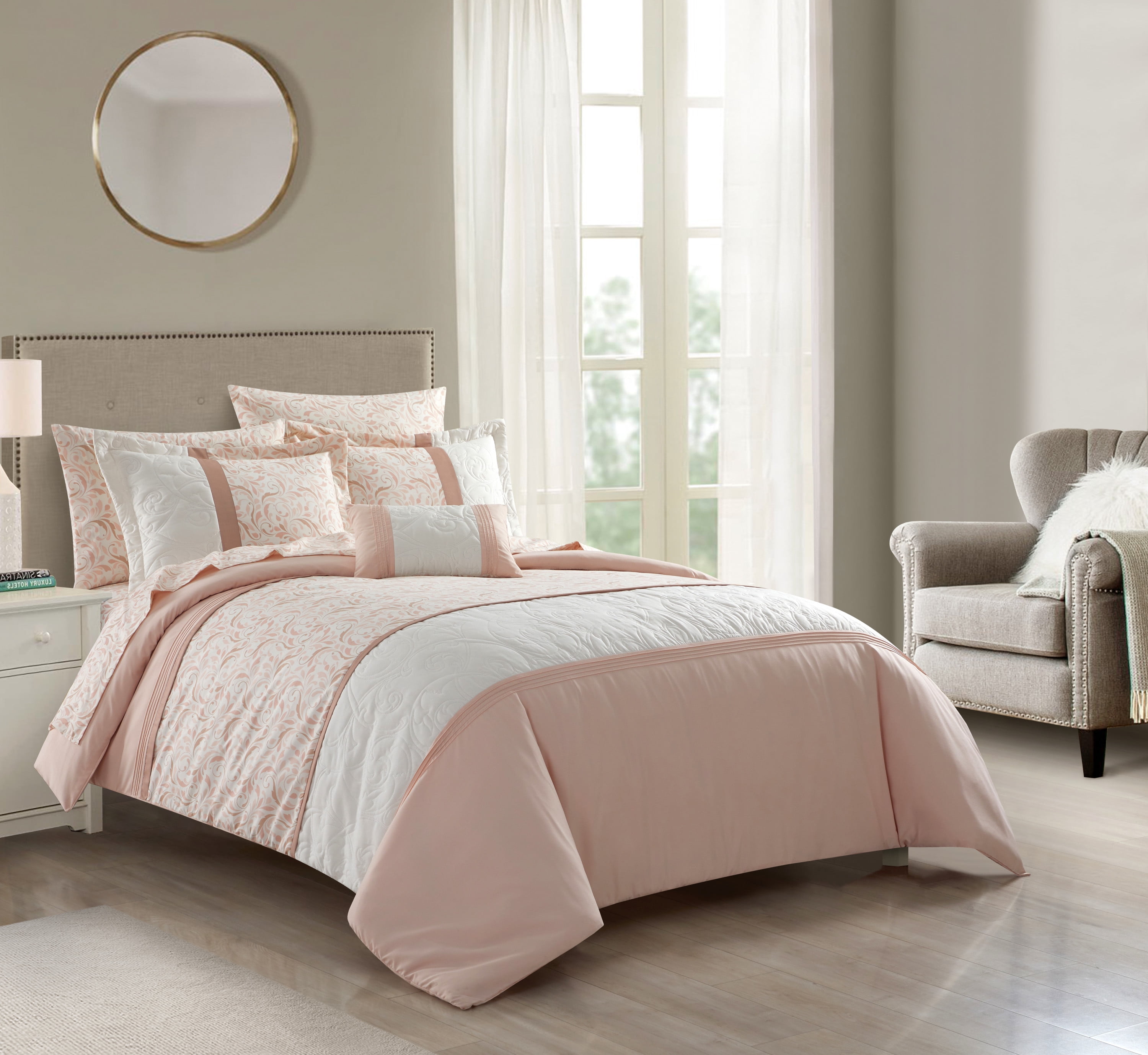 Chic Home Ira 8-Piece Color Block Comforter Set, King, Blush
