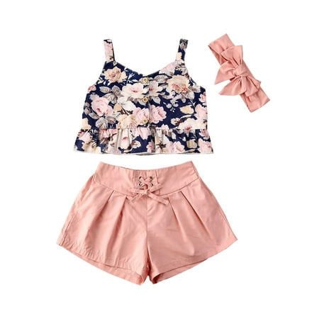 

One opening Summer Baby Girls arrival Cute Floral Strap Single Breasted Vest Solid Shorts Pants Outfits 3Pcs Set