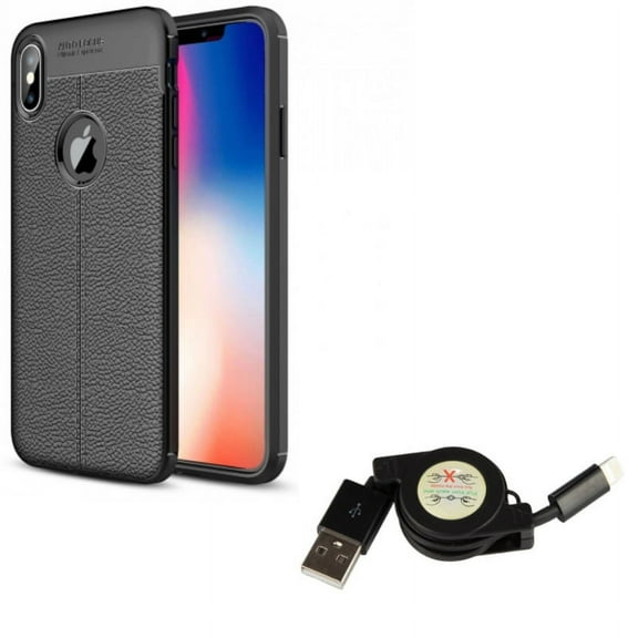 Retractable USB Cable w PU Leather Case for iPhone XS Max - Charger Power Cord Sync Wire and Slim Fit Cover Reinforced Bumper Shock Absorbent Black