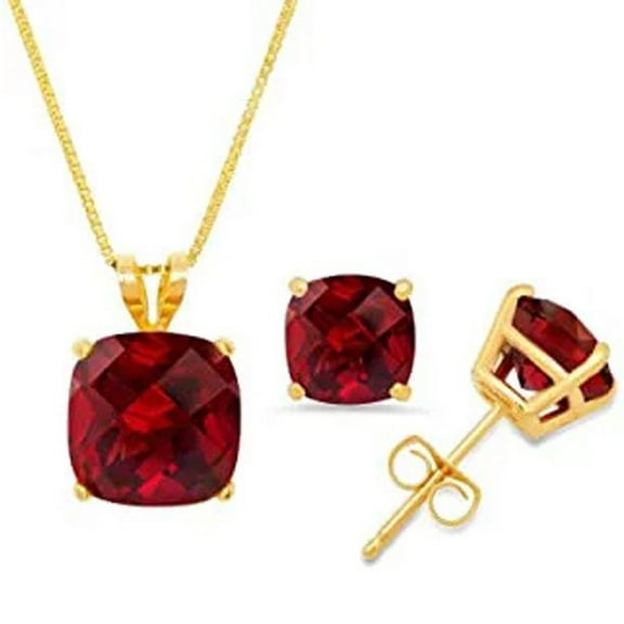 Bonjour Jewelers 18K Yellow Gold 1/2ct Garnet Square 18 Inch Necklace and Earrings Set Plated
