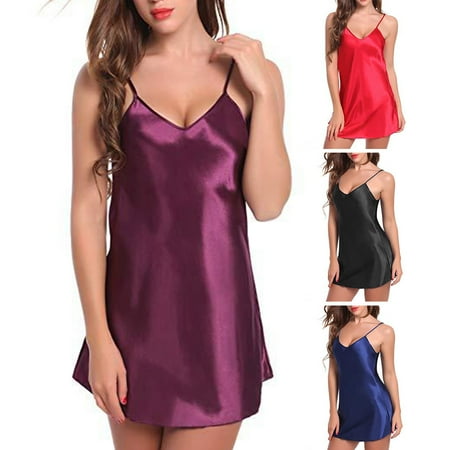 

Hopeup Women Nightdress Satin Sleeveless Backless Spaghetti Strap Loose Seductive Homewear Low Cut Lady Nightie Dress for Sleeping
