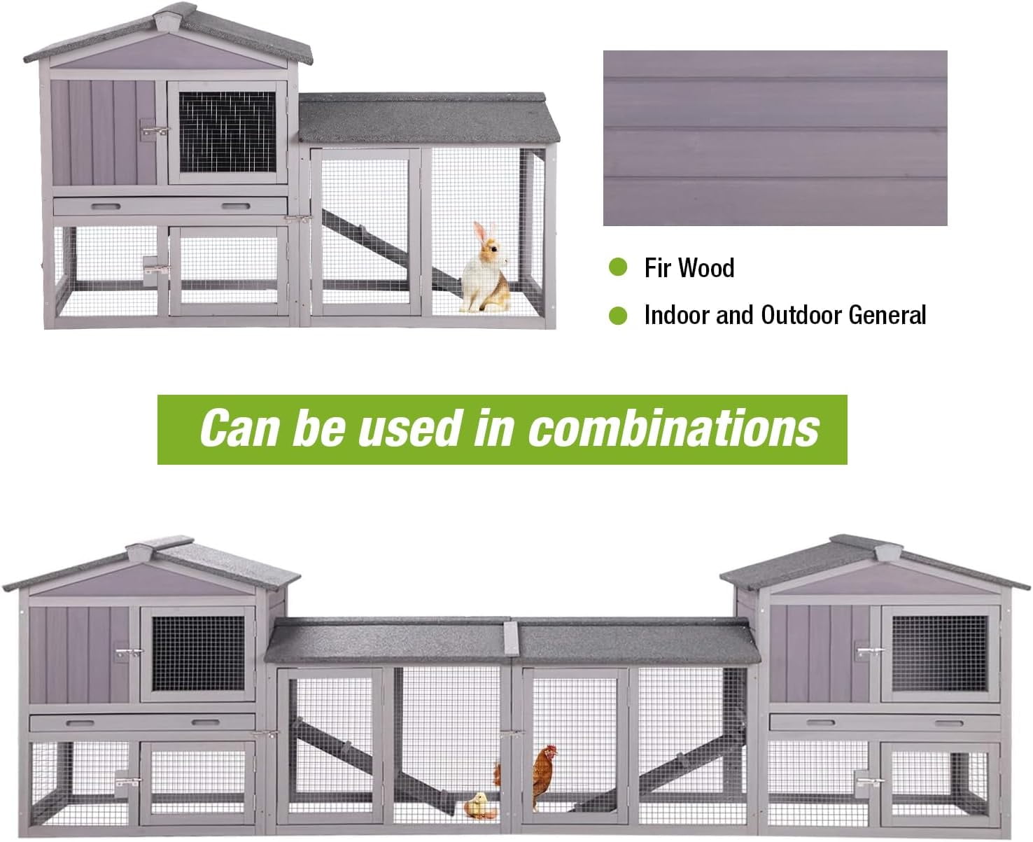 MEDEHOO Rabbit Hutch Outdoor No Leak Plastic Tray Bunny Cage Indoor with Large Run Space Extensible Chicken Coop