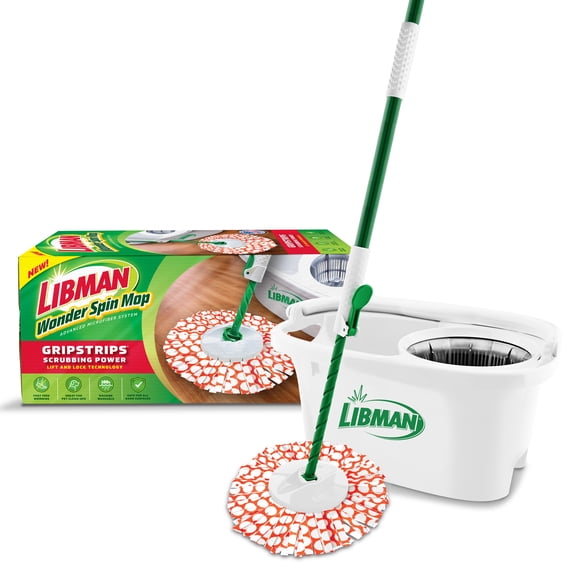 Libman Wonder Spin Mop System with Adjustable Handle and Microfiber Gripstrips for Easy Floor Cleaning