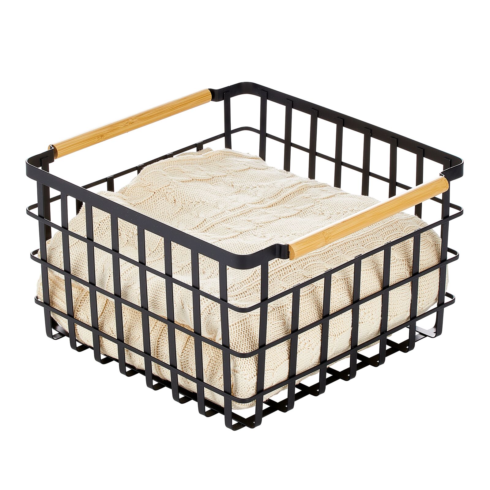 mDesign Metal Steel Wire Square Organizer Storage Basket w/ Bamboo