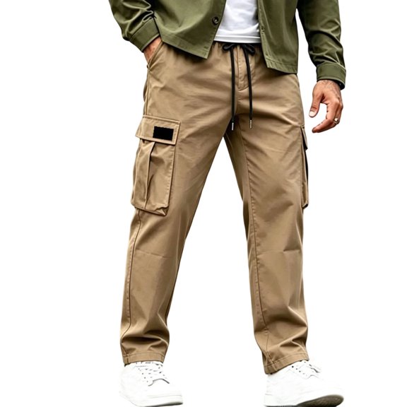 WRKEKC Mens Cargo Pants Solid Color Multi Pockets Drawstring Elastic Waist Outdoor Trousers Loose Fit Casual Style Straight Leg