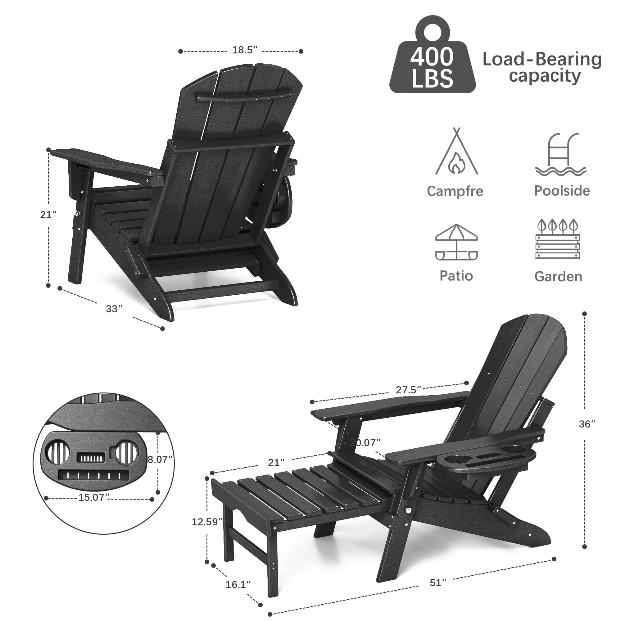 Folding Adirondack Chair with Retractable Ottoman, HDPE All-Weather Resistant Adjustable Backrest Adirondack Chair w/4 in 1 Cup Holder Trays, Black