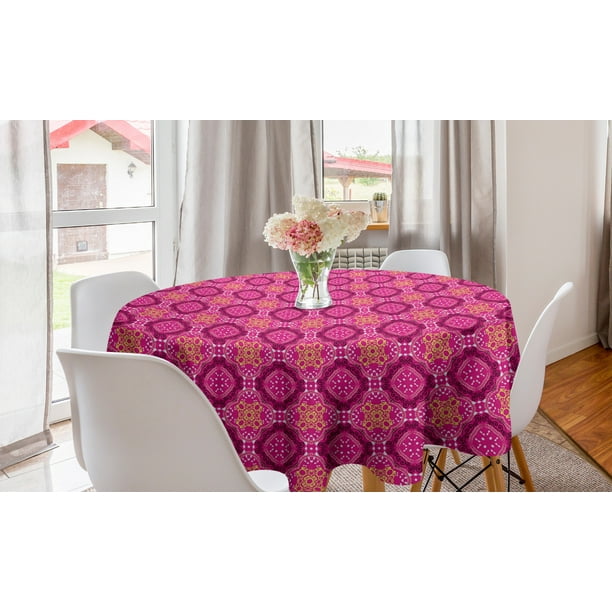 Vintage Round Tablecloth Abstract Shapes Victorian Motifs Middle East Curlicues Circle Table Cloth Cover For Dining Room Kitchen Decor 60 Pink Yellow By Ambesonne Com Circle Table Cloth Cover, Vintage Round Tablecloth