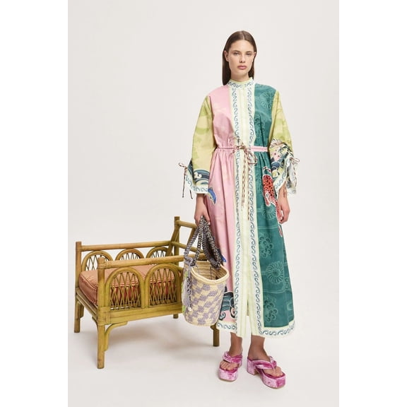 Women's Linen Printed Fashionable Tie-Waist Casual Flared Dress
