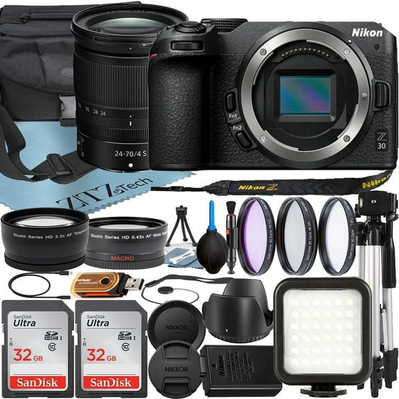 Nikon Z30 Mirrorless Camera with NIKKOR Z 24-70mm f/4 S Lens   SanDisk 32GB Card   Case   Wideangle   Tripod   ZeeTech Accessory Bundle