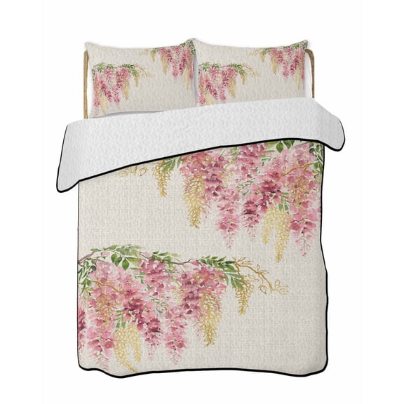 Quilts Twin-XL Size Bedding Set, Pink Weeping Floral Lightweight Quilted Comforter, Spring Summer Pastoral Flowers Rustic Soft Bedspread Coverlet with Pillow Covers for All Season, 68" x 98"