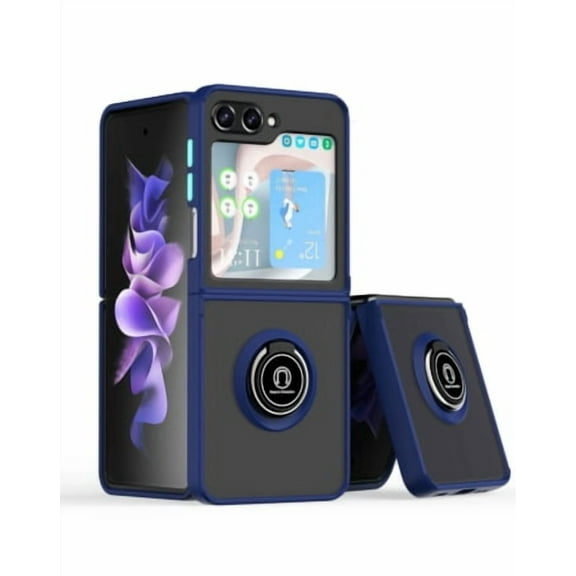 For Galaxy Z Flip 5 Hard PC Rear / Soft TPU Colorful Border Case with I - ring Holder - NAVY BLUE