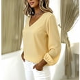 thumbnail image 3 of NTACZA Cotton Linen Long Sleeve Tops for Women Puff Sleeve V Neck T-Shirt Vacation Loose Womens Shirt S, 3 of 5